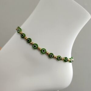 Resin Beaded Stainless Steel Gold And Green Evil Eye Anklet Bracelet